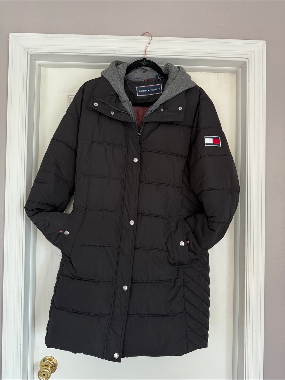 Tommy Hilfiger Black Quilted Long Puffer Coat with Hooded Liner